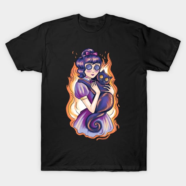 Creepy cat and women on fire |Halloween T-Shirt by Watersolution